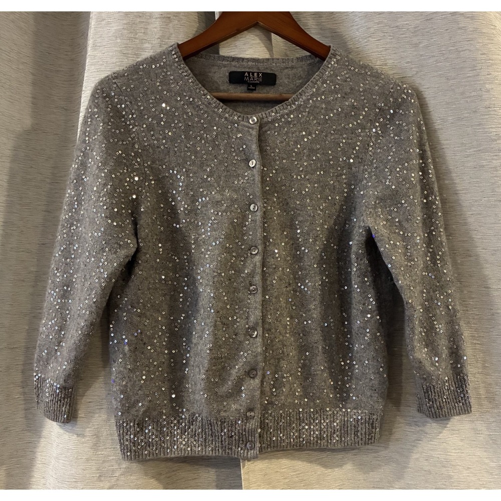 Alex Marie Cashmere Sparkle Sequin Cardigan Size Large Gray